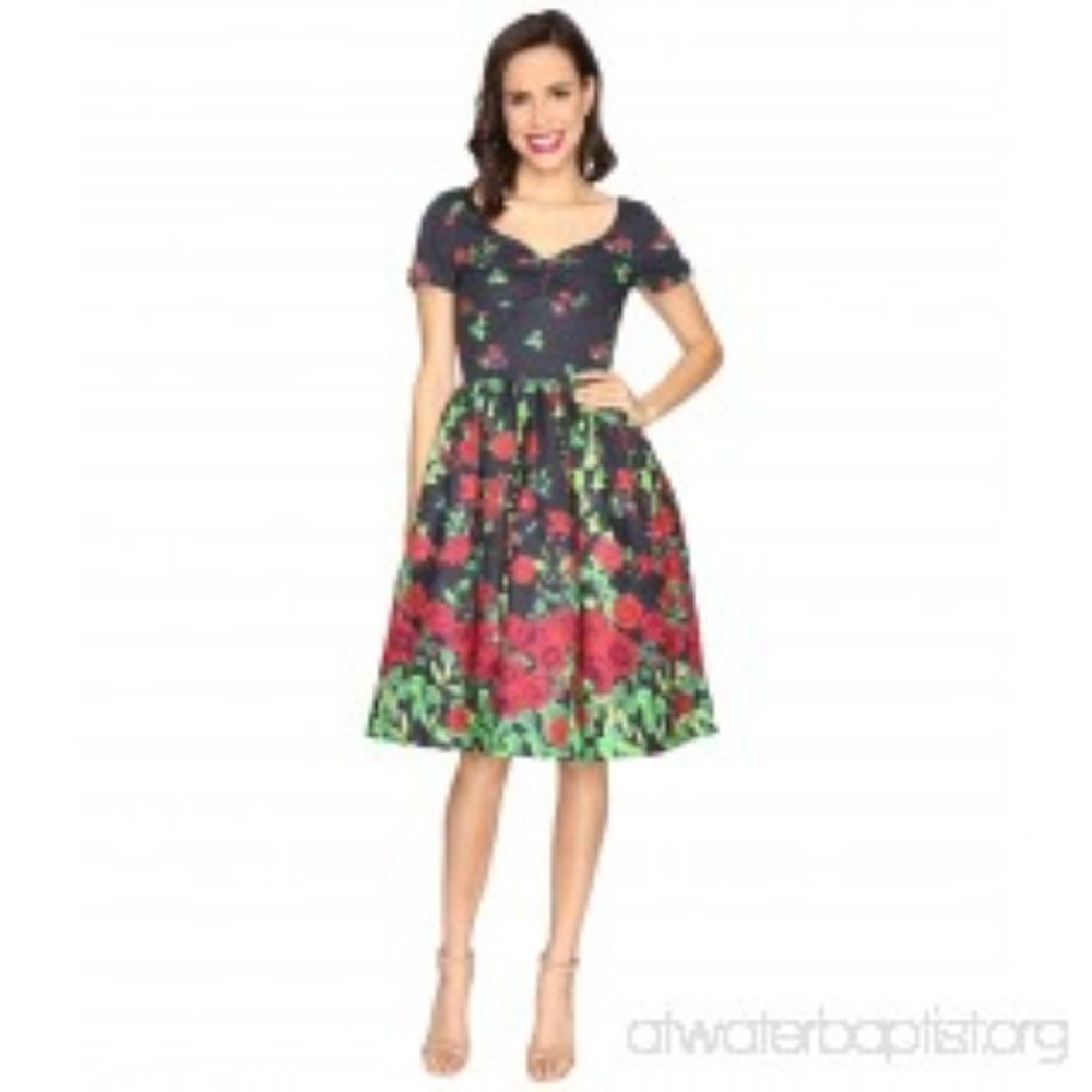 Unique Vintage Border Print Black Floral Dress